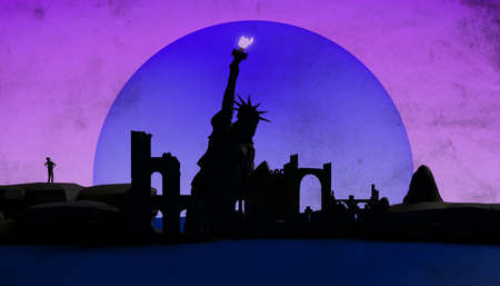 Abstract sunset with destroyed city and the statue of liberty. Banner. Background. 3d illustration.の写真素材