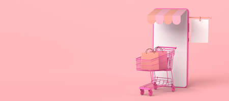 Online store concept via smartphone. Copy space. 3D illustration. Online shopping. 3D illustration....
