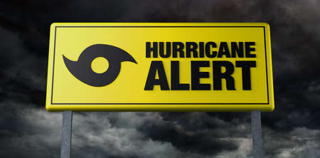 Hurricane alert banner with storm clouds background. Warning. 3D illustration. Copy space.