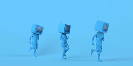 People running with an old television instead of a head. Passive subjects. Control and manipulation...