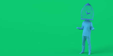 Man with a cage instead of a head with a bird inside. Abstract concept of freedom. Mental health. 3D...