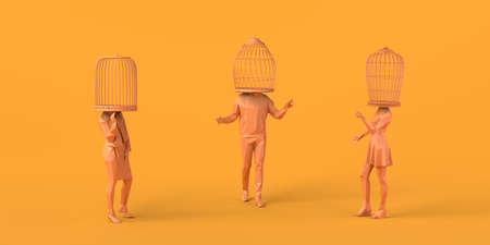 Group of people talking with a cage instead of a head. Abstract concept of freedom. Mental health....