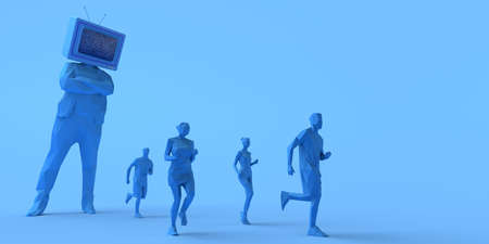 Giant man with an old television instead of head scaring people who run away. Passive subjects. Control and manipulation of mass media. Television audience. 3D illustration. Copy space.の写真素材