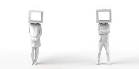Man and woman with an old television instead of a head. Passive subjects. Control and manipulation of mass media. Television audience. 3D illustration. Copy space.の写真素材