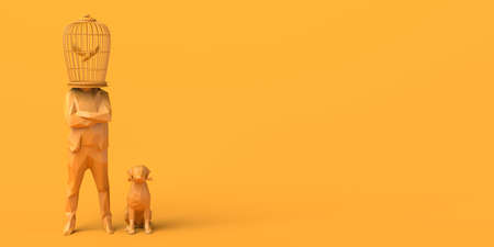 Man with a cage instead of head with a bird inside next to his dog. Abstract concept of freedom. Mental health. 3D illustration. Copy space.の写真素材