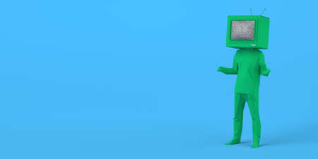 Man with an old television instead of a head. Passive subjects. Control and manipulation of mass media. Television audience. 3D illustration. Copy space.の写真素材