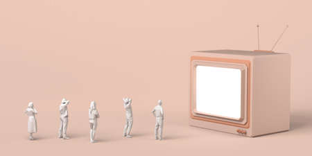 Group of people watching a giant television. Mass media. 3D illustration. Copy space.の写真素材