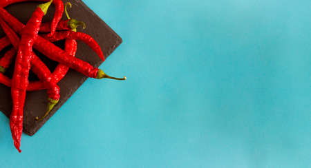 Dried elongated red peppers on slate tray on blue background. Top view. Flat lay. Copy space.の写真素材