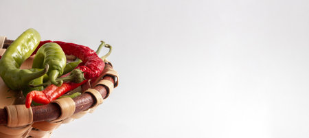 Eco food banner with peppers from the garden. Harvest time in the urban garden. Copy space....