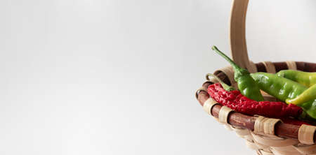 Eco food banner with peppers from the garden. Harvest time in the urban garden. Copy space....