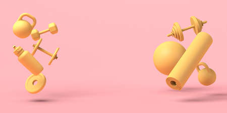 Weights, water bottle, pilates ball and floating mat. 3D illustration. Copy space. Fitness