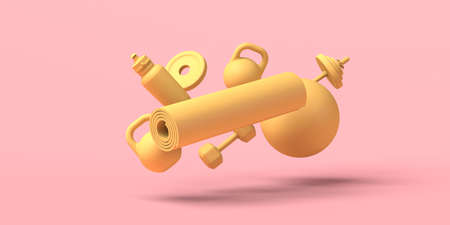 Weights, water bottle, pilates ball and floating mat. 3D illustration. Copy space. Fitnessの写真素材