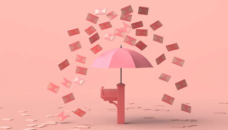 Spam concept. Mailbox with umbrella. 3D illustration. Copy space.