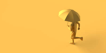 Man running in the rain with an umbrella. 3D illustration. Copy space.