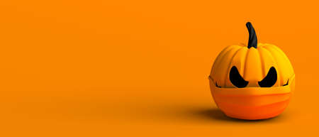 Pumpkin banner with surgical mask. Safe halloween. 3d illustration.
