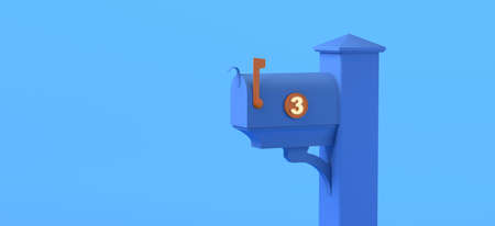 Mailbox with three unread letters on blue background. 3D illustration. Copy space.の写真素材
