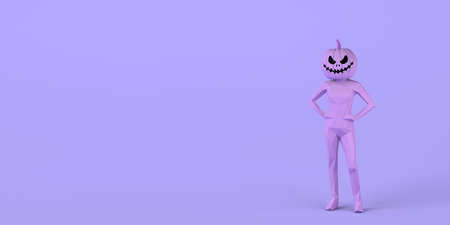 Woman with halloween lantern pumpkin instead of head. Carnival. 3D illustration. Copy space.の写真素材