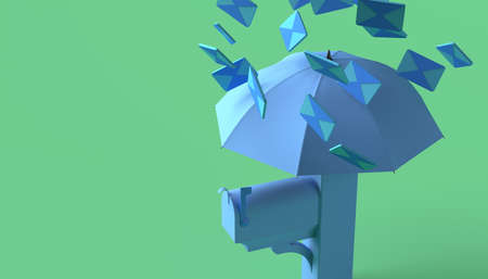 Spam concept. Mailbox with umbrella. 3D illustration. Copy space.