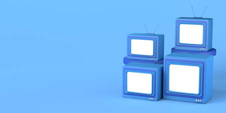 Old televisions on blue background. 3D illustration. Copy space.の写真素材