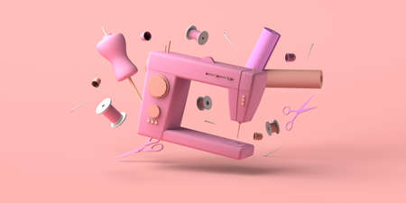 Fashion clothing designer concept with mannequin and sewing machine floating. Copy space. 3D illustration.の写真素材