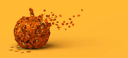 Halloween pumpkin decomposing into autumn leaves. Copy space. 3D illustration.