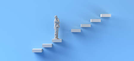 Concept of overcoming difficulties. Man climbing missing steps. Copy space. 3D Illustration.