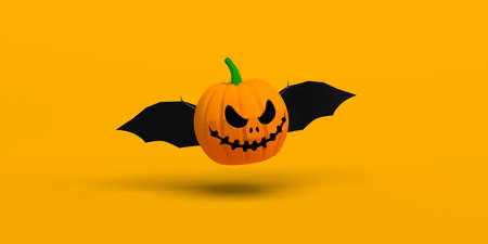 Halloween pumpkin flying with bat wings. Copy space. 3D illustration.の写真素材