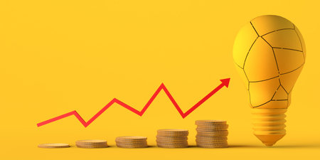 Expensive cost of electricity with broken bulb and coins. Concept. Copy space. 3D illustration.の写真素材