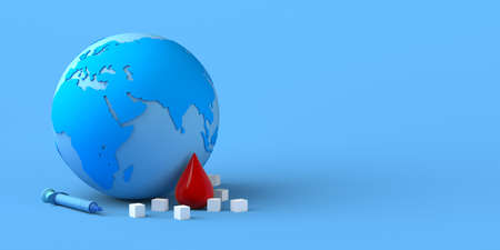Sugar cubes, blood drop and syringe. World Diabetes Day. Copy space. 3D render.の写真素材