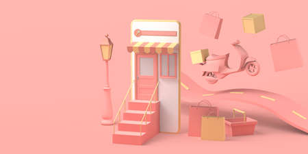 Online store concept and home delivery with smartphone. Copy space. 3D illustration.の写真素材