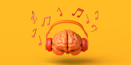 Brain with headphones and musical notes. Creativity. Copy space. 3D illustration.の写真素材