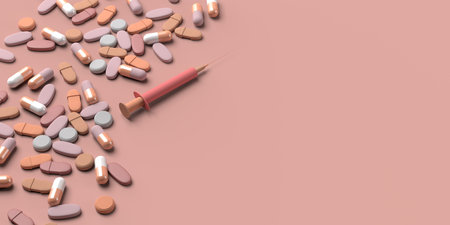 Medicine pills and syringe on pink background. Health care concept. Copy space. 3D illustration.の写真素材