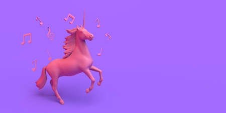 Unicorn riding with musical notes. Fantasy. Copy space. 3D Illustration.の写真素材