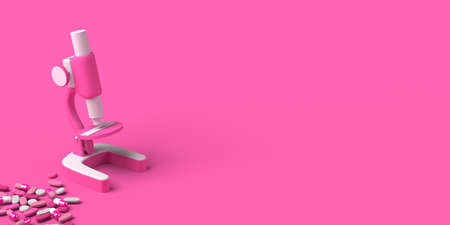 Microscope and medicine tablets on pink background. Health care concept. Copy space. 3D...