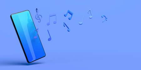 Music notes coming out of smartphone. Music in the cloud. Copy space. 3D illustration.の写真素材