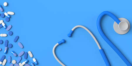 Medicine tablets and stethoscope. Health care concept. Copy space. 3D illustration.