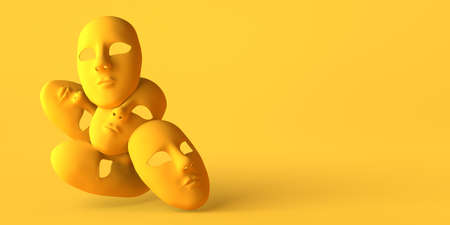 Expressionless theater masks on yellow background. Copy space. 3D illustration.の写真素材