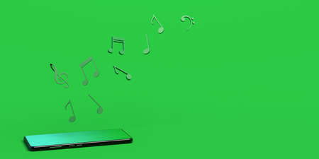 Music notes coming out of smartphone. Music in the cloud. Copy space. 3D illustration.の写真素材