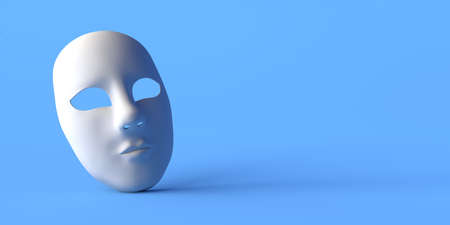 Expressionless theater mask on blue background. Copy space. 3D illustration.の写真素材