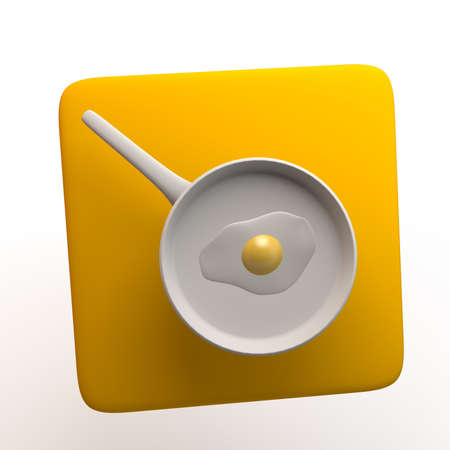 Kitchen icon with frying pan and fried egg isolated on white background. App. 3D illustration.の写真素材