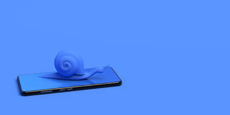 Snail on a slow smartphone. Copy space. 3D illustration.の写真素材