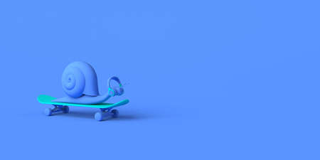 Snail with headphones on a skateboard. Copy space. 3D illustration.の写真素材