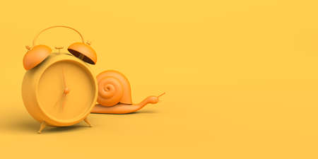 Lazy and slow snail next to an alarm clock. Copy space. 3D illustration.の写真素材