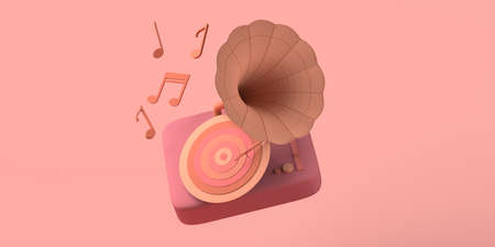 Music concept. Retro vinyl gramophone with musical notes. Copy space. 3D illustration.の写真素材