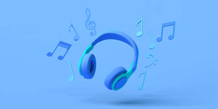 Music concept with headphones and musical notes. Copy space. 3D illustration.の写真素材