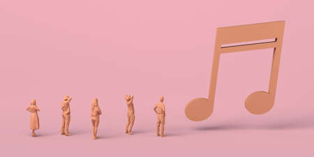 Music concept. People looking at giant musical note. Copy space. 3D illustration.の写真素材