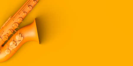 Saxophone on yellow background. Copy space. 3D illustration.の写真素材