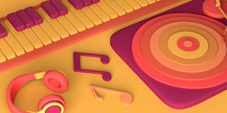 Music concept. Piano with headphones, musical notes, and vinyl record. Copy space. 3D illustration.の写真素材