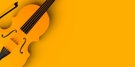 Violin on yellow background. Copy space. 3D illustration.の写真素材