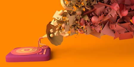 Music concept with vinyl gramophone ejecting geometries. Copy space. 3D illustration.の写真素材